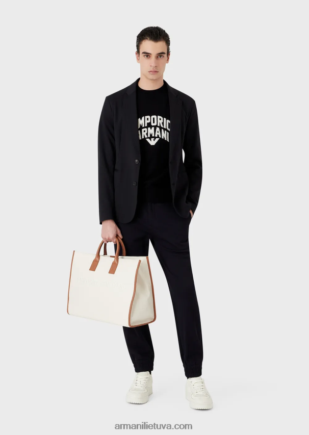 vyrų tamsiai mėlyna Armani vilnos megztinis su ryškiu žakardo logotipu 02482X1222