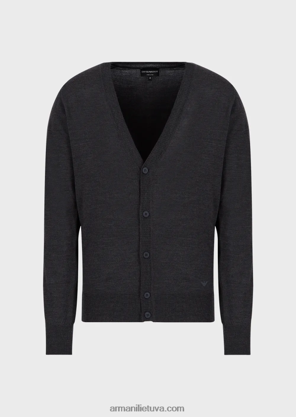vyrų tamsiai pilka Armani paprasto megzto grynos vilnos megztinis V formos iškirpte 02482X1282