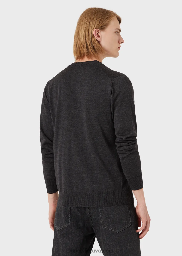 vyrų tamsiai pilka Armani paprasto megzto grynos vilnos megztinis V formos iškirpte 02482X1282