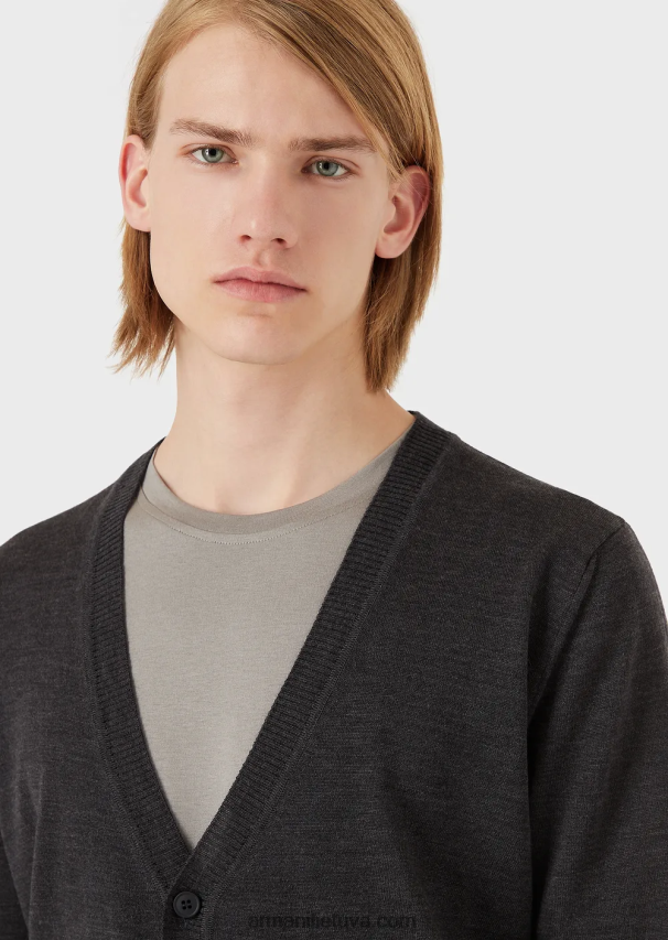 vyrų tamsiai pilka Armani paprasto megzto grynos vilnos megztinis V formos iškirpte 02482X1282