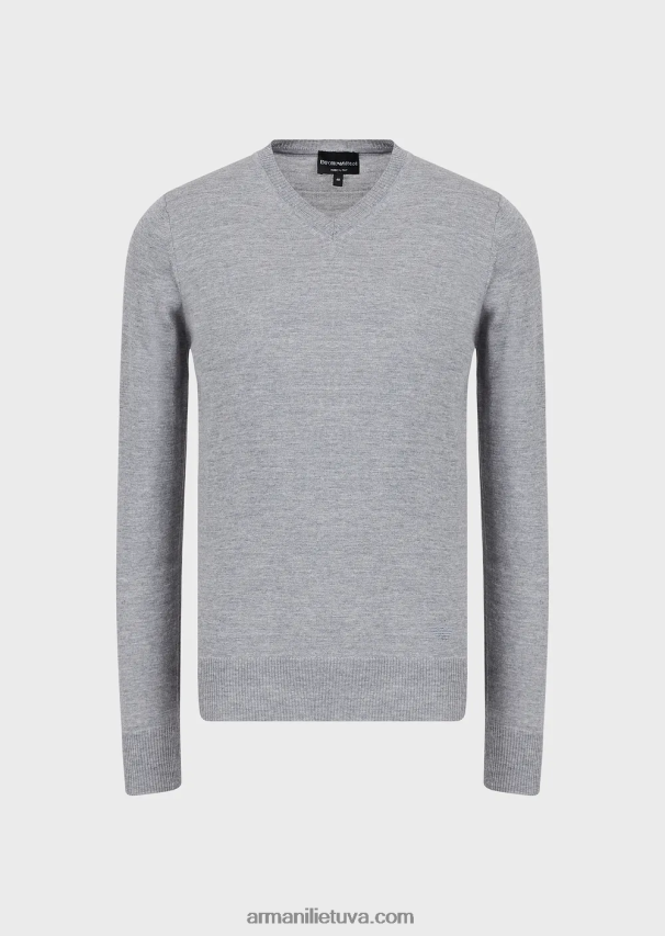 vyrų šviesiai pilka Armani V formos kaklo džemperis iš grynos vilnos 02482X1267