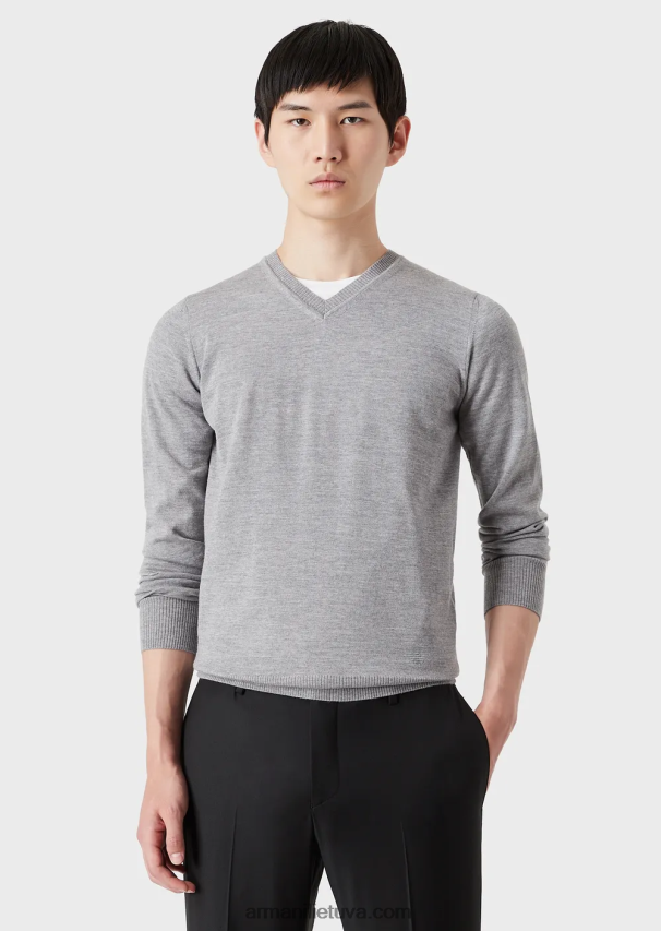 vyrų šviesiai pilka Armani V formos kaklo džemperis iš grynos vilnos 02482X1267