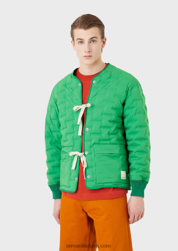 vyrų žalias Armani tvarios kolekcijos pūkinė striukė su perdirbtu atlasu ir paminkštinimu 02482X1350