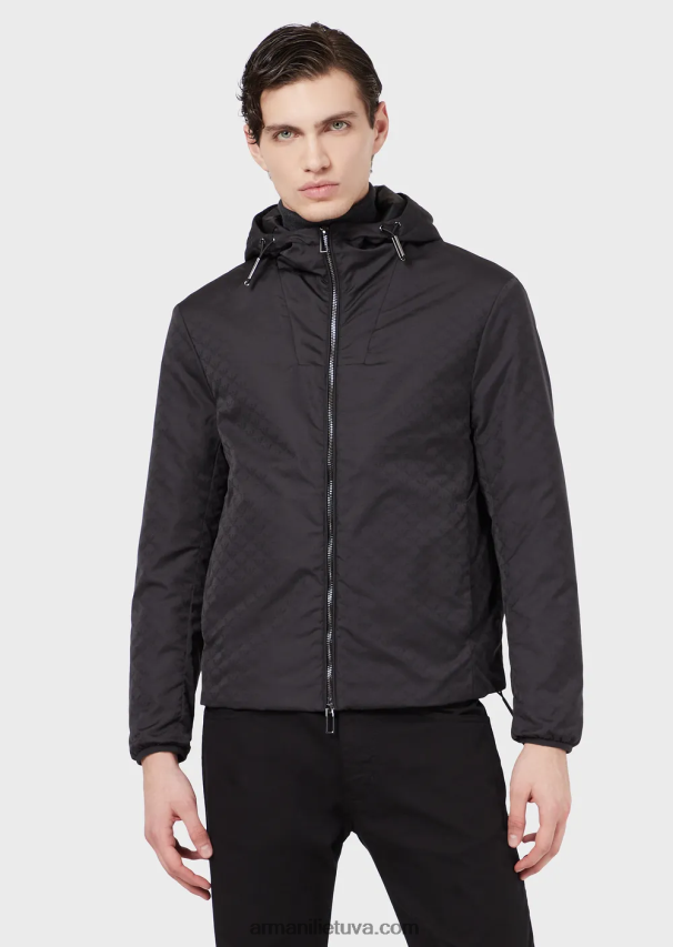 vyrų juodas Armani Nailono striukė su gobtuvu su žakardo monograma 02482X1358