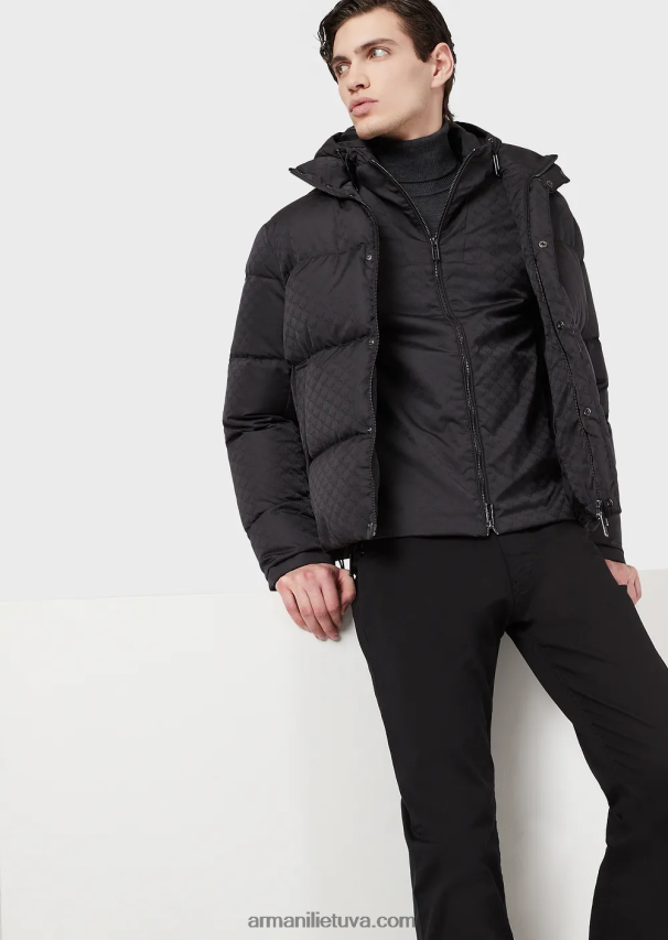 vyrų juodas Armani Nailono striukė su gobtuvu su žakardo monograma 02482X1358