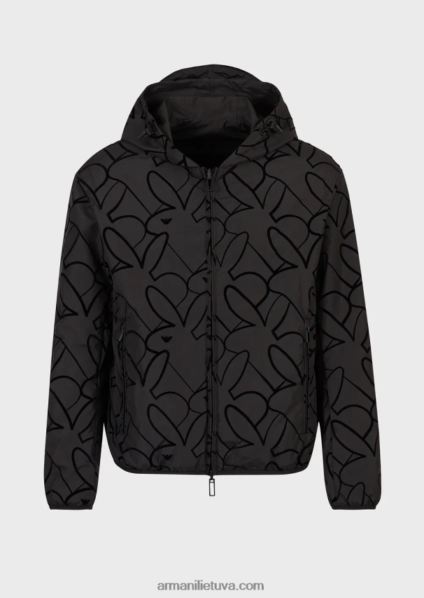 vyrų juodas Armani Palaidinė su apverčiamu gobtuvu iš flokuoto nailono 02482X1314