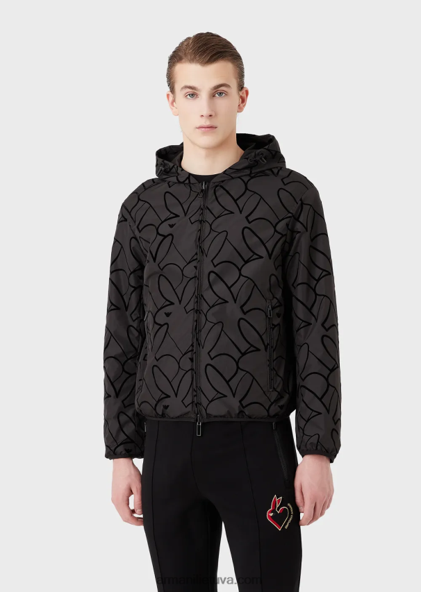 vyrų juodas Armani Palaidinė su apverčiamu gobtuvu iš flokuoto nailono 02482X1314