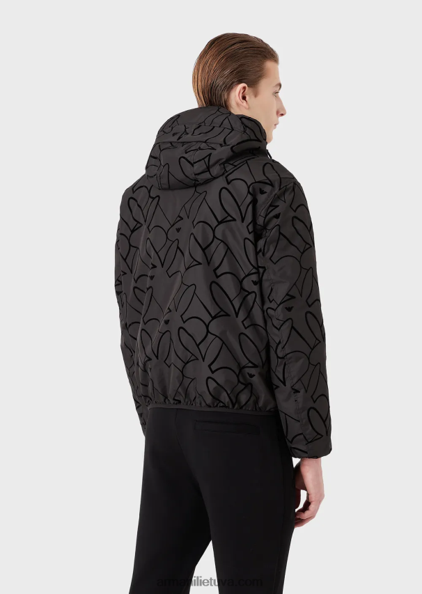 vyrų juodas Armani Palaidinė su apverčiamu gobtuvu iš flokuoto nailono 02482X1314