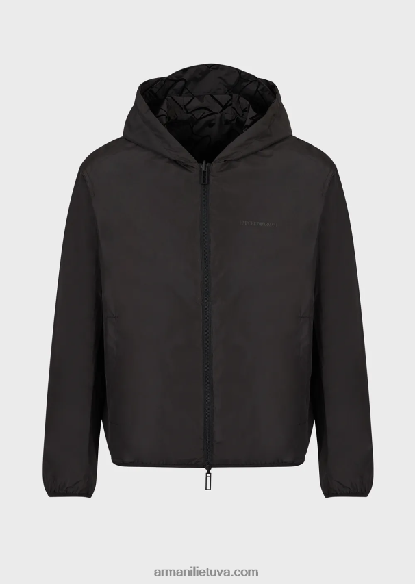 vyrų juodas Armani Palaidinė su apverčiamu gobtuvu iš flokuoto nailono 02482X1314