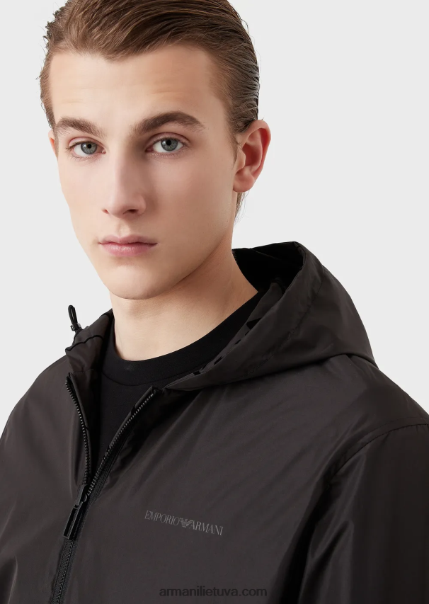 vyrų juodas Armani Palaidinė su apverčiamu gobtuvu iš flokuoto nailono 02482X1314