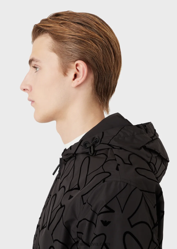 vyrų juodas Armani Palaidinė su apverčiamu gobtuvu iš flokuoto nailono 02482X1314