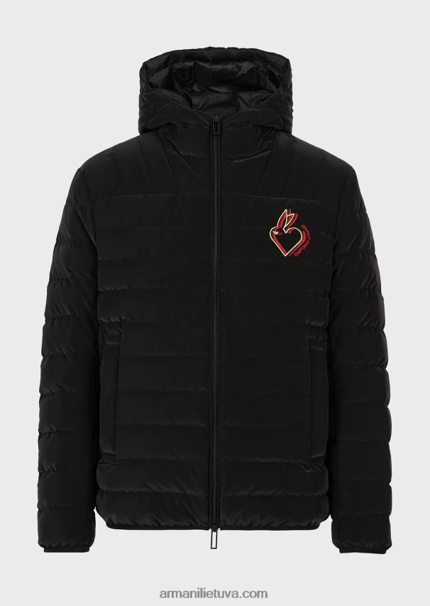 vyrų juodas Armani dygsniuota nailoninė pūkinė striukė su gobtuvu 02482X1313