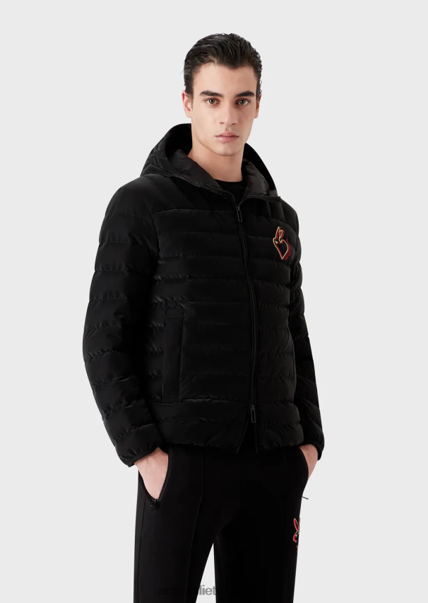 vyrų juodas Armani dygsniuota nailoninė pūkinė striukė su gobtuvu 02482X1313