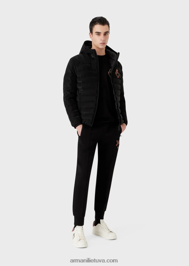 vyrų juodas Armani dygsniuota nailoninė pūkinė striukė su gobtuvu 02482X1313