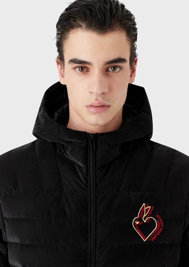 vyrų juodas Armani dygsniuota nailoninė pūkinė striukė su gobtuvu 02482X1313