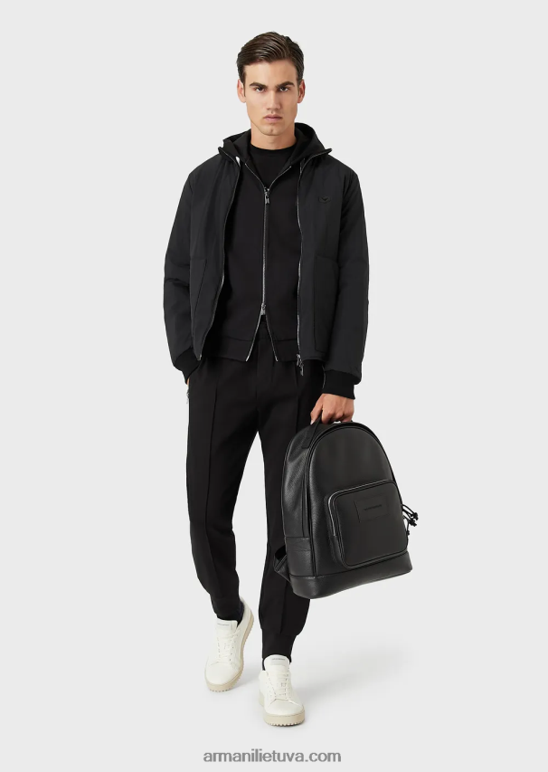 vyrų juodas Armani dygsniuotas nailonas ir megzta apverčiama palaidinė su logotipu 02482X1360