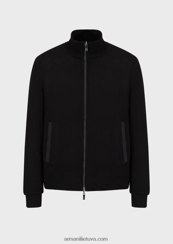 vyrų juodas Armani dygsniuotas nailonas ir megzta apverčiama palaidinė su logotipu 02482X1360