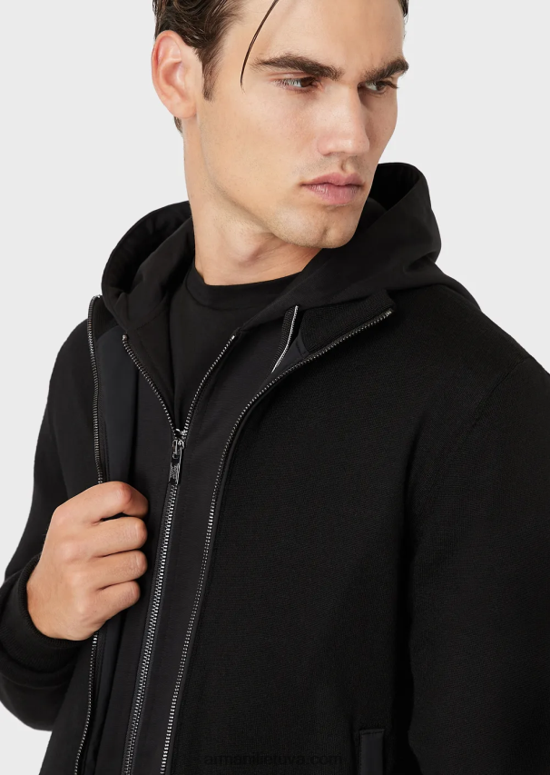 vyrų juodas Armani dygsniuotas nailonas ir megzta apverčiama palaidinė su logotipu 02482X1360