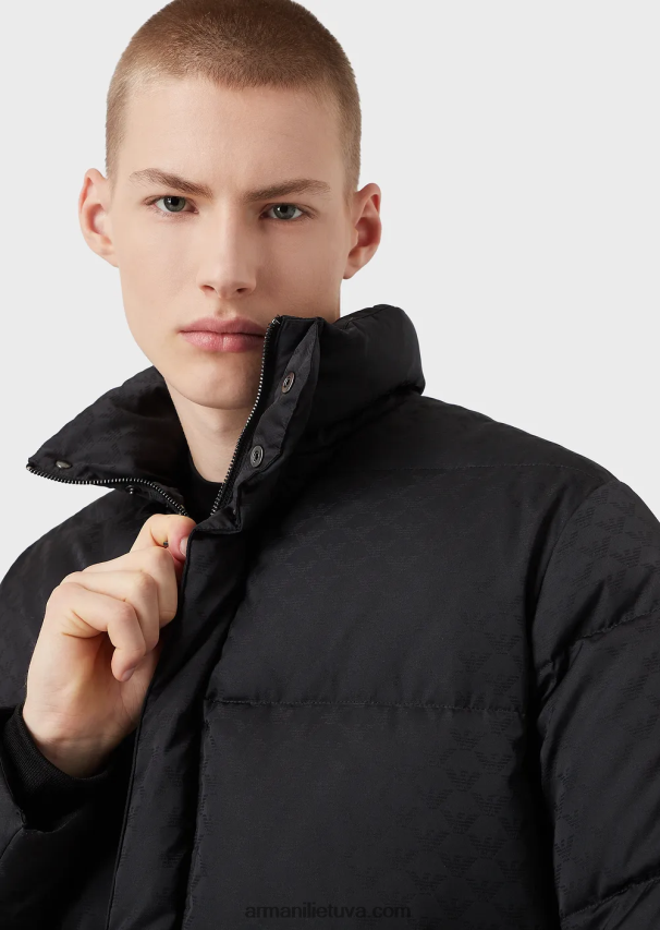 vyrų juodas Armani dygsniuotas pūkuotas švarkas su žakardo ereliu 02482X1364