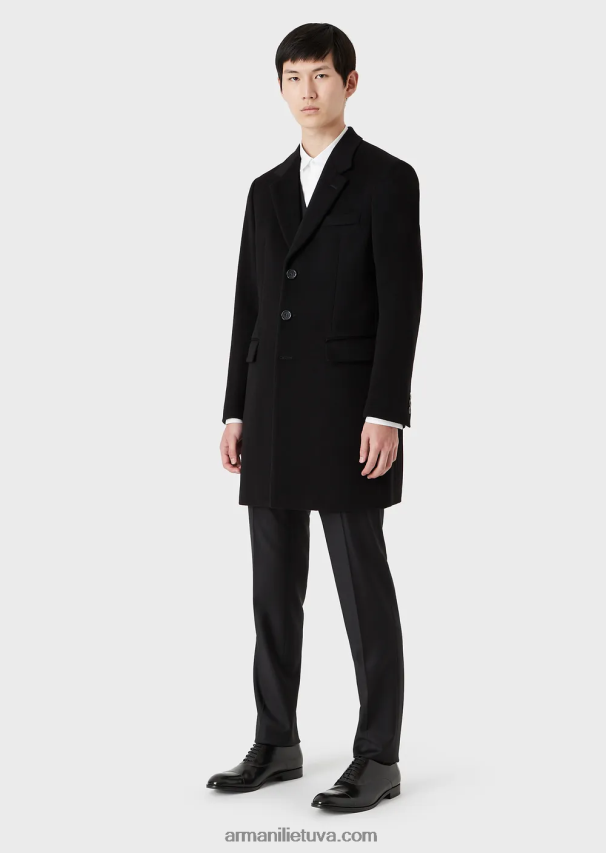 vyrų juodas Armani paltas su atlapais iš bebro kašmyro 02482X1355