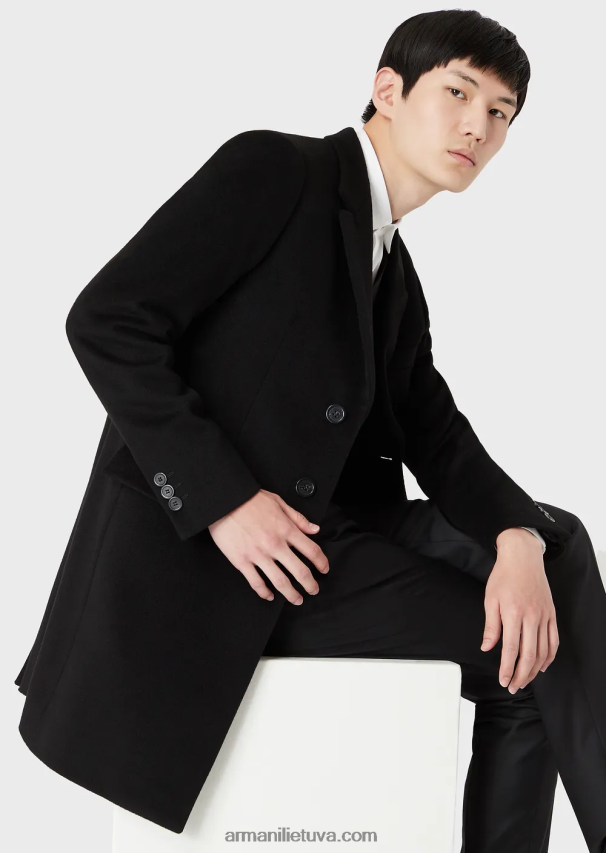 vyrų juodas Armani paltas su atlapais iš bebro kašmyro 02482X1355