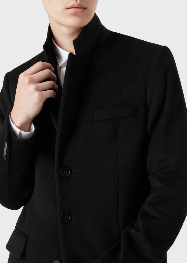 vyrų juodas Armani paltas su atlapais iš bebro kašmyro 02482X1355