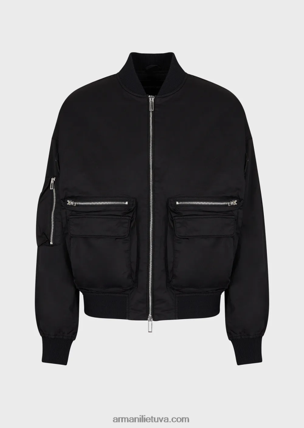 vyrų juodas Armani pima poplin kelių kišenių bomber striukė 02482X1304