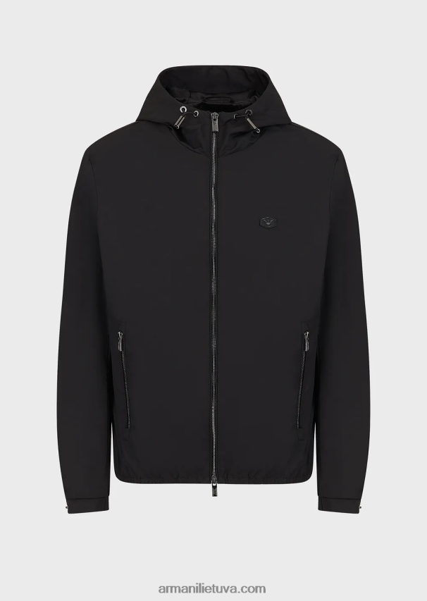 vyrų juodas Armani vandeniui atspari nailoninė palaidinė su gobtuvu ir logotipu 02482X1342
