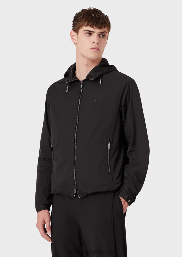 vyrų juodas Armani vandeniui atspari nailoninė palaidinė su gobtuvu ir logotipu 02482X1342