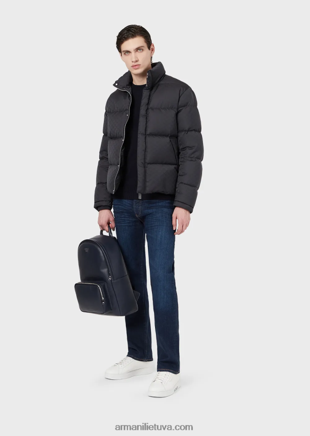 vyrų mėlyna Armani dygsniuotas pūkuotas švarkas su žakardo ereliu 02482X1365