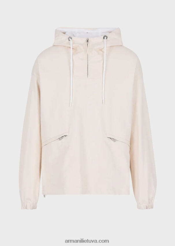 vyrų pieno baltumo Armani Anorakas su medvilniniu gaubtu su negabaritiniu grafiniu raštu su logotipu 02482X1326