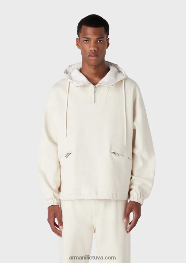 vyrų pieno baltumo Armani Anorakas su medvilniniu gaubtu su negabaritiniu grafiniu raštu su logotipu 02482X1326