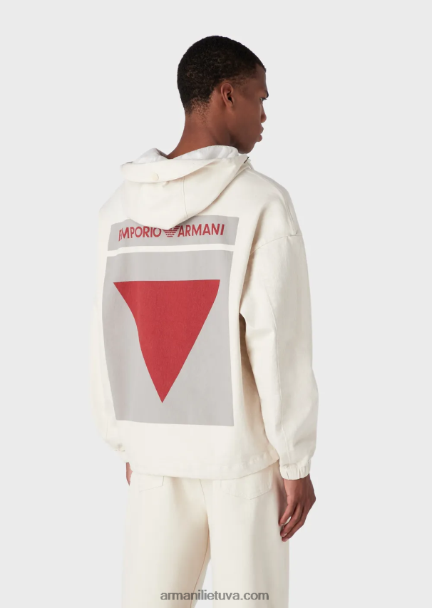 vyrų pieno baltumo Armani Anorakas su medvilniniu gaubtu su negabaritiniu grafiniu raštu su logotipu 02482X1326