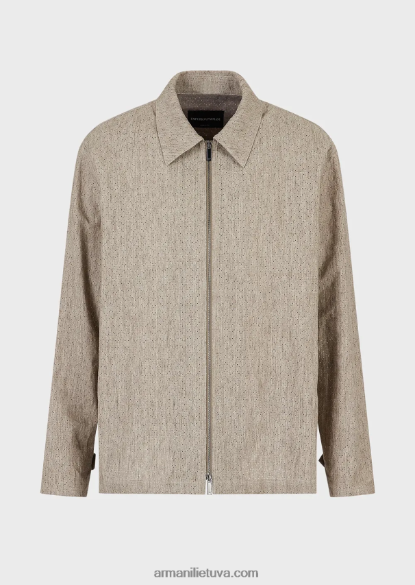 vyrų smėlio spalvos Armani dengta lininė palaidinė su užtrauktuku su ažūriniu ševrono motyvu 02482X1337