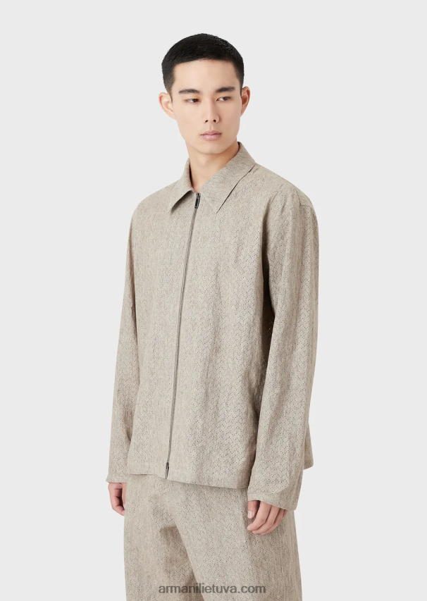 vyrų smėlio spalvos Armani dengta lininė palaidinė su užtrauktuku su ažūriniu ševrono motyvu 02482X1337