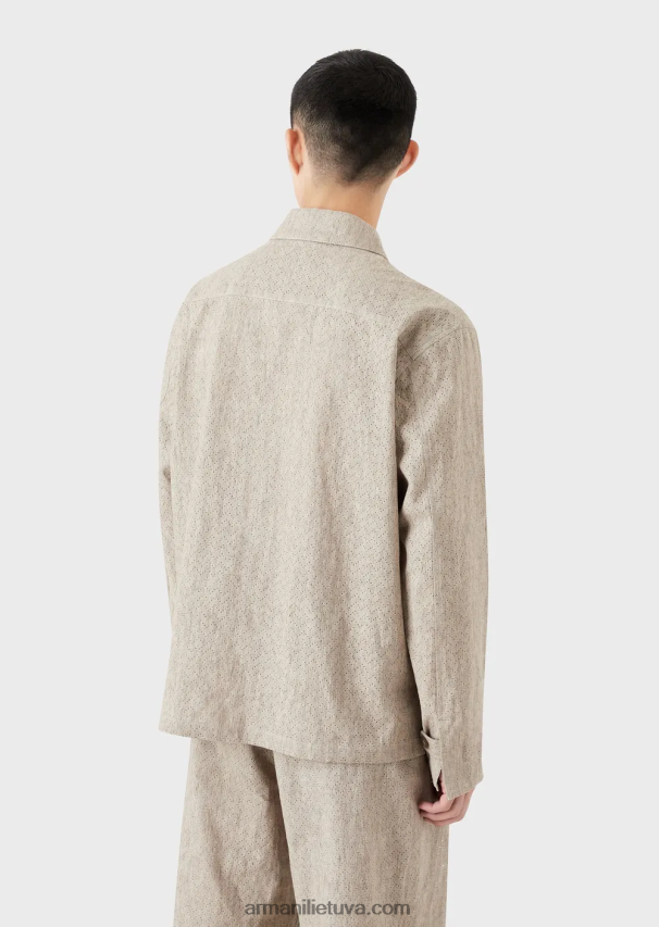 vyrų smėlio spalvos Armani dengta lininė palaidinė su užtrauktuku su ažūriniu ševrono motyvu 02482X1337