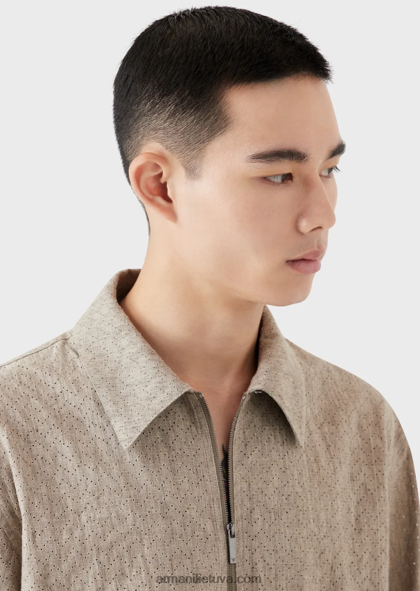 vyrų smėlio spalvos Armani dengta lininė palaidinė su užtrauktuku su ažūriniu ševrono motyvu 02482X1337