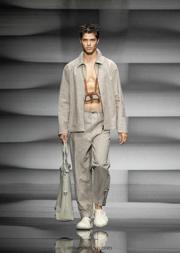 vyrų smėlio spalvos Armani dengta lininė palaidinė su užtrauktuku su ažūriniu ševrono motyvu 02482X1337