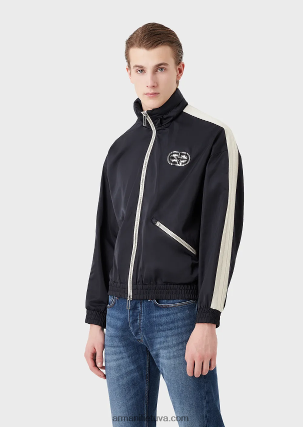 vyrų tamsiai mėlyna Armani Perdirbto nailono palaidinė su gobtuvu su pilnu užtrauktuku su užtrauktuku ir juostelėmis 02482X1315