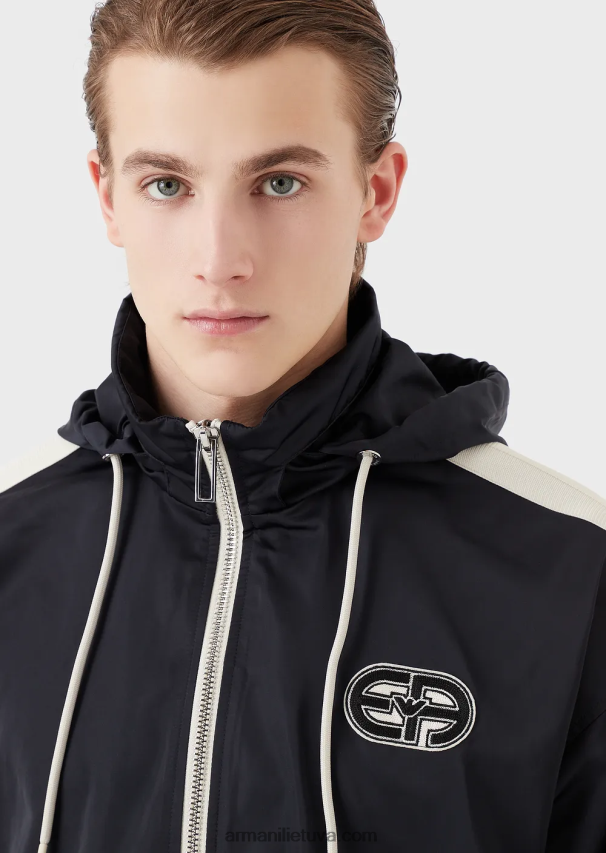 vyrų tamsiai mėlyna Armani Perdirbto nailono palaidinė su gobtuvu su pilnu užtrauktuku su užtrauktuku ir juostelėmis 02482X1315