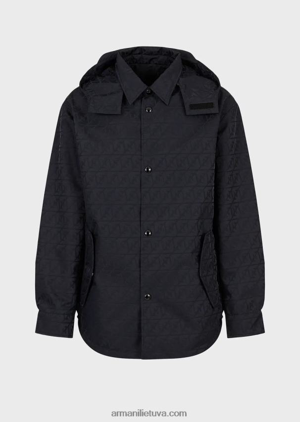 vyrų tamsiai mėlyna Armani žakardo nailono apverčiama palaidinė su gobtuvu su erelio logotipu 02482X1322