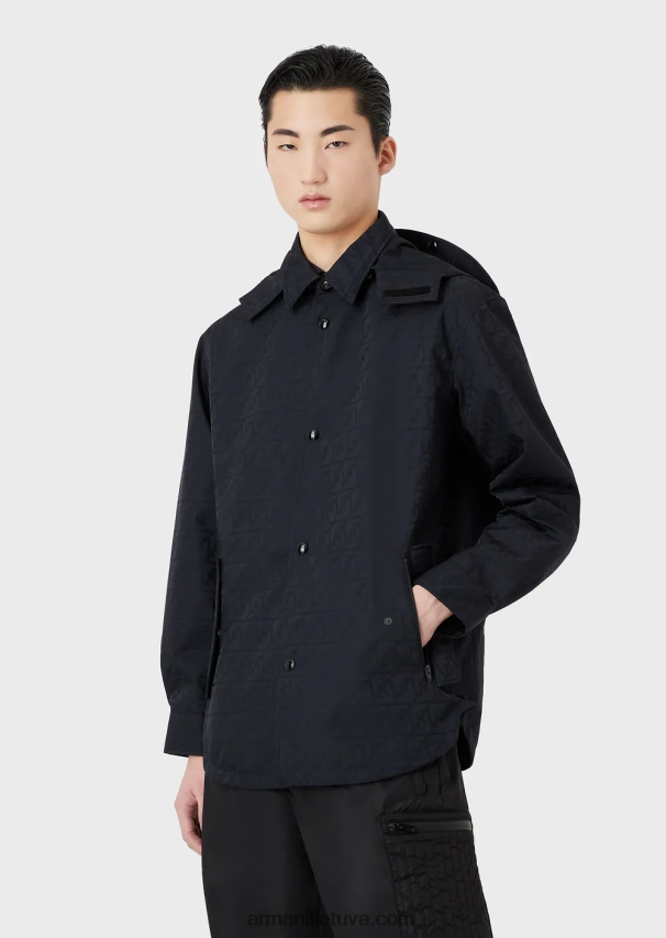 vyrų tamsiai mėlyna Armani žakardo nailono apverčiama palaidinė su gobtuvu su erelio logotipu 02482X1322