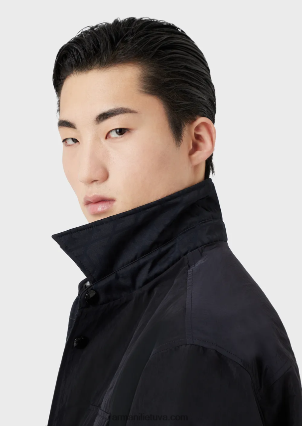 vyrų tamsiai mėlyna Armani žakardo nailono apverčiama palaidinė su gobtuvu su erelio logotipu 02482X1322