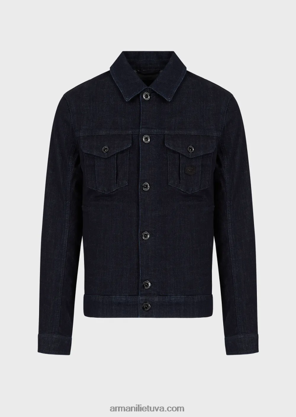 vyrų tamsiai mėlyna Armani džinsinė skalbimo striukė su logotipu 02482X1327