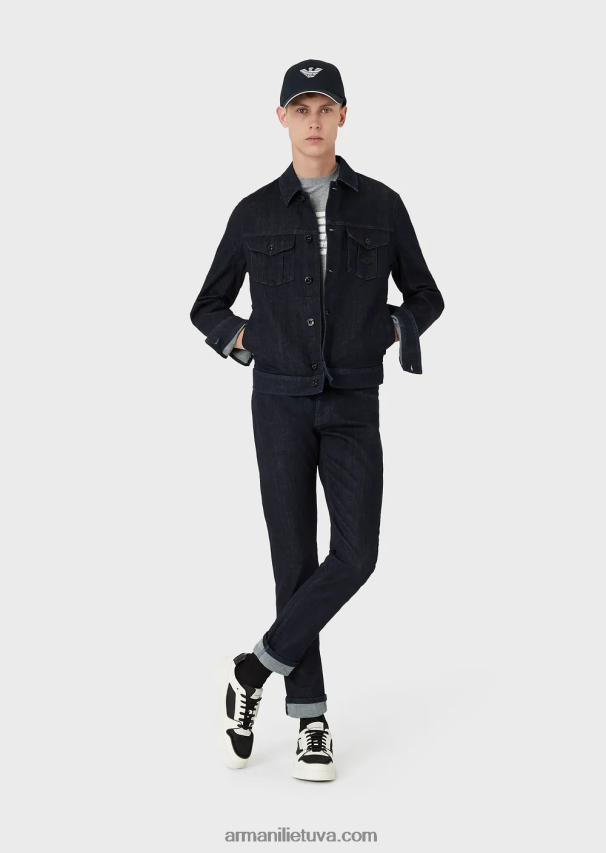 vyrų tamsiai mėlyna Armani džinsinė skalbimo striukė su logotipu 02482X1327