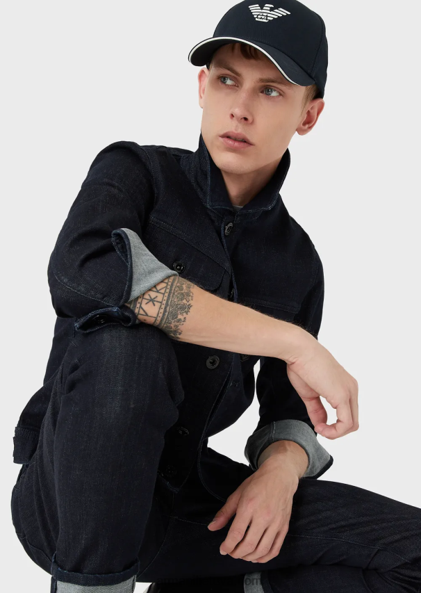 vyrų tamsiai mėlyna Armani džinsinė skalbimo striukė su logotipu 02482X1327