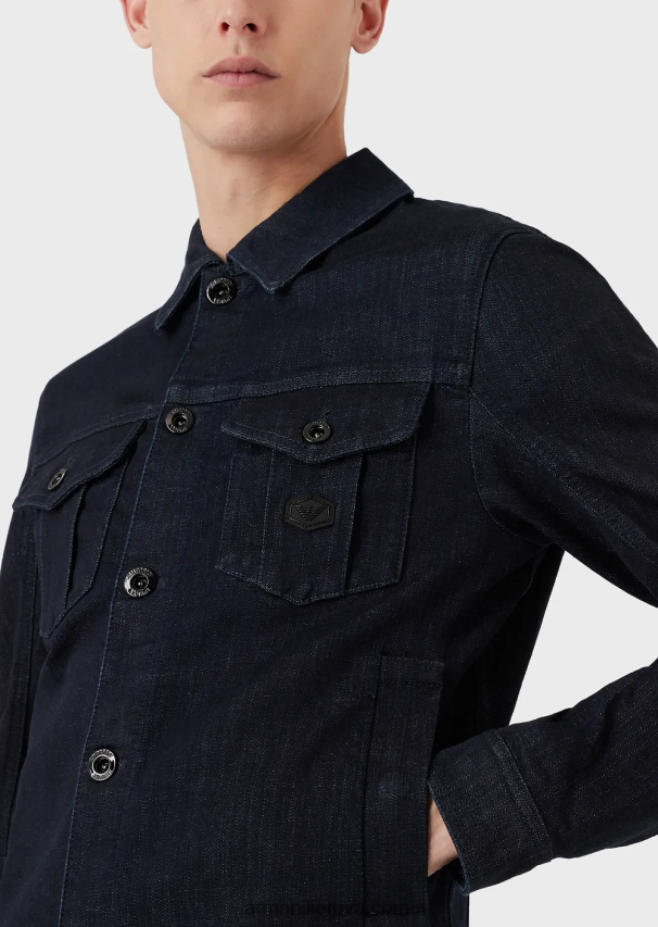 vyrų tamsiai mėlyna Armani džinsinė skalbimo striukė su logotipu 02482X1327