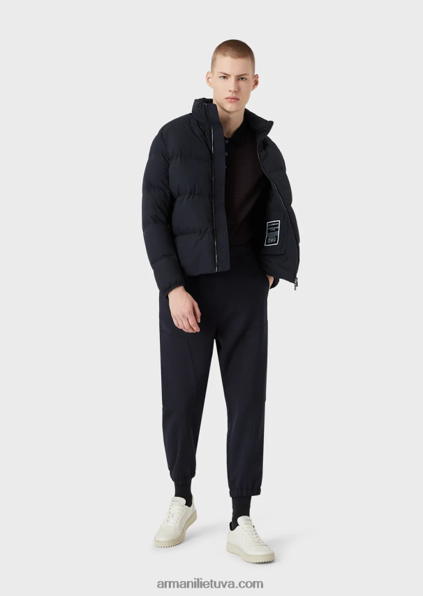 vyrų tamsiai mėlyna Armani dygsniuota nailoninė striukė su pilnu užtrauktuku 02482X1363