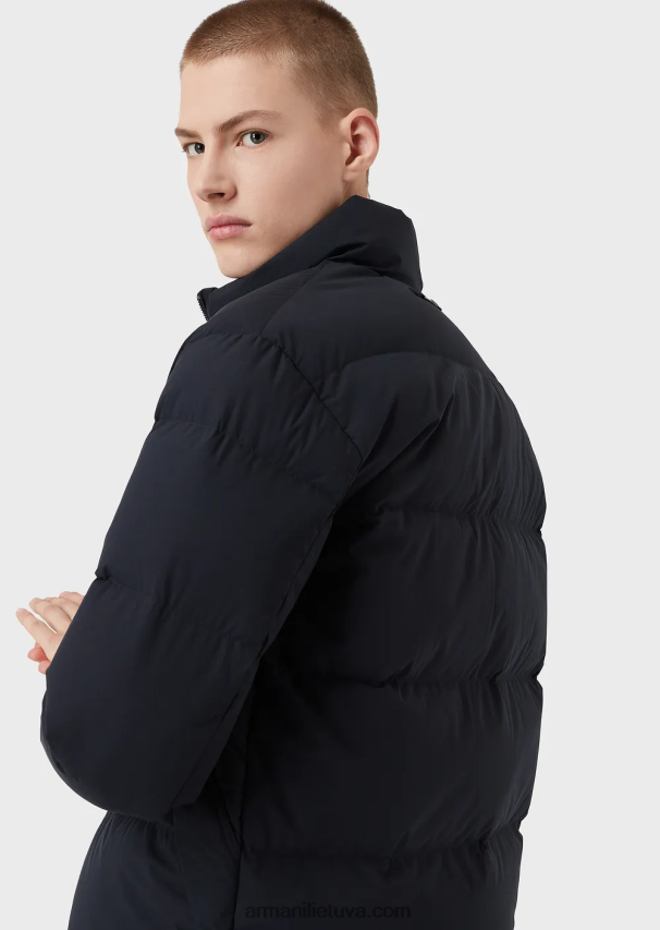 vyrų tamsiai mėlyna Armani dygsniuota nailoninė striukė su pilnu užtrauktuku 02482X1363