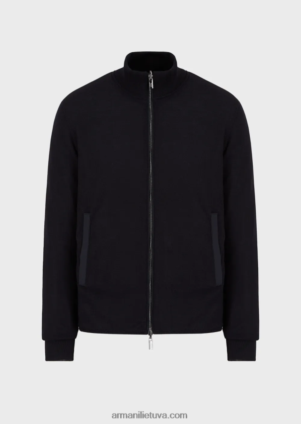 vyrų tamsiai mėlyna Armani dygsniuotas nailonas ir megzta apverčiama palaidinė su logotipu 02482X1361